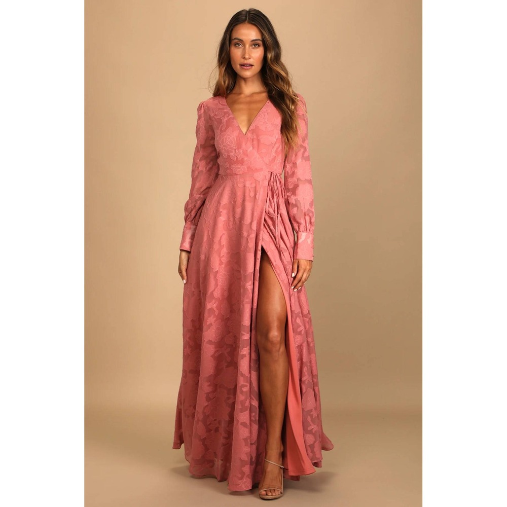 Lulus Kept Your Love Rose Pink Floral Jacquard Long Sleeve Maxi Dress Large
